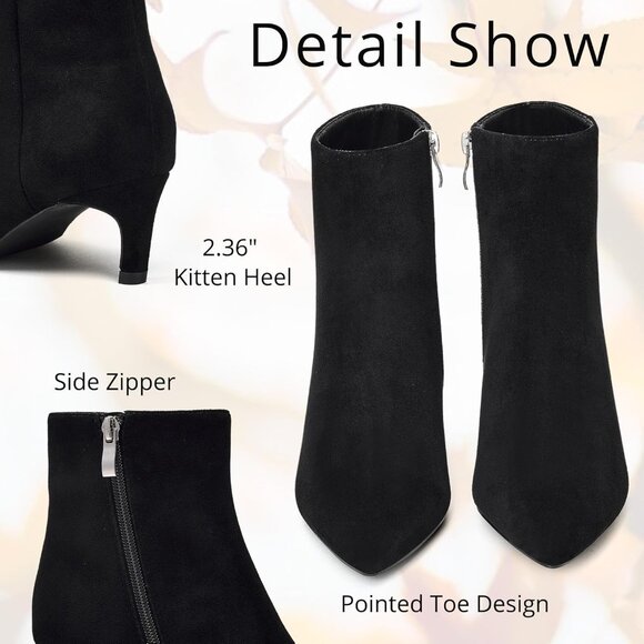 Women's Suede Black Pointed Toe Ankle Boots Side Zipper Low Kitten Heel Booties - Picture 4 of 6